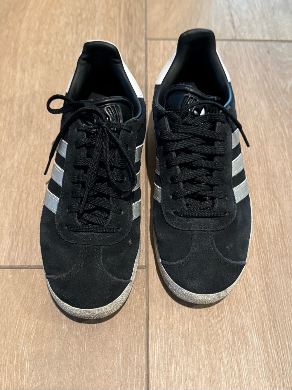 Women’s adidas Gazelle Black Suede Sneakers with Silver Stripes